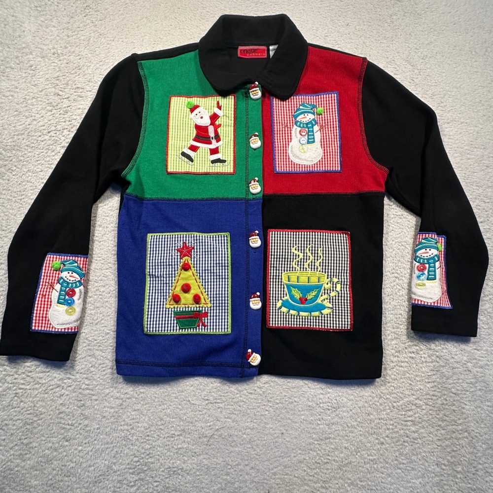 Vintage Onque Casuals Womens Christmas Sweater Cardigan‎ S Santa Snowman Tree